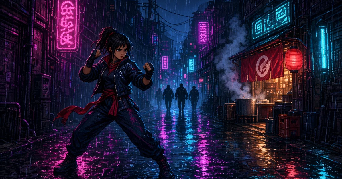 Illustration en pixel art : une combattante en garde dans une ruelle japonaise sous la pluie, entre néons roses et échoppe de ramen fumante