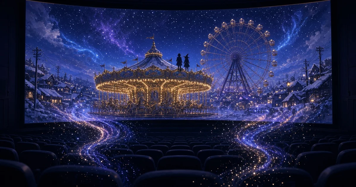 Illustration : un grand écran de cinéma montre une fête foraine enneigée la nuit, avec un carrousel et une grande roue, sous un ciel étoilé