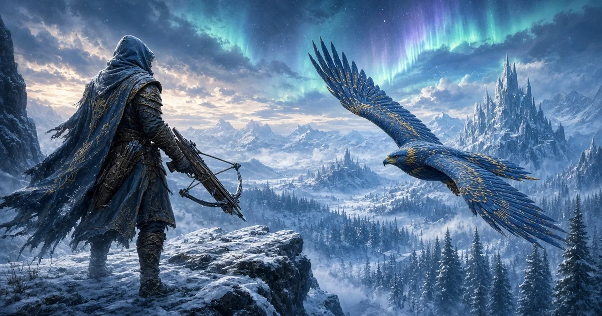 Illustration originale d'un archer encapuchonné armé d'une arbalète sur une falaise enneigée, accompagné d'un grand rapace bleu et or