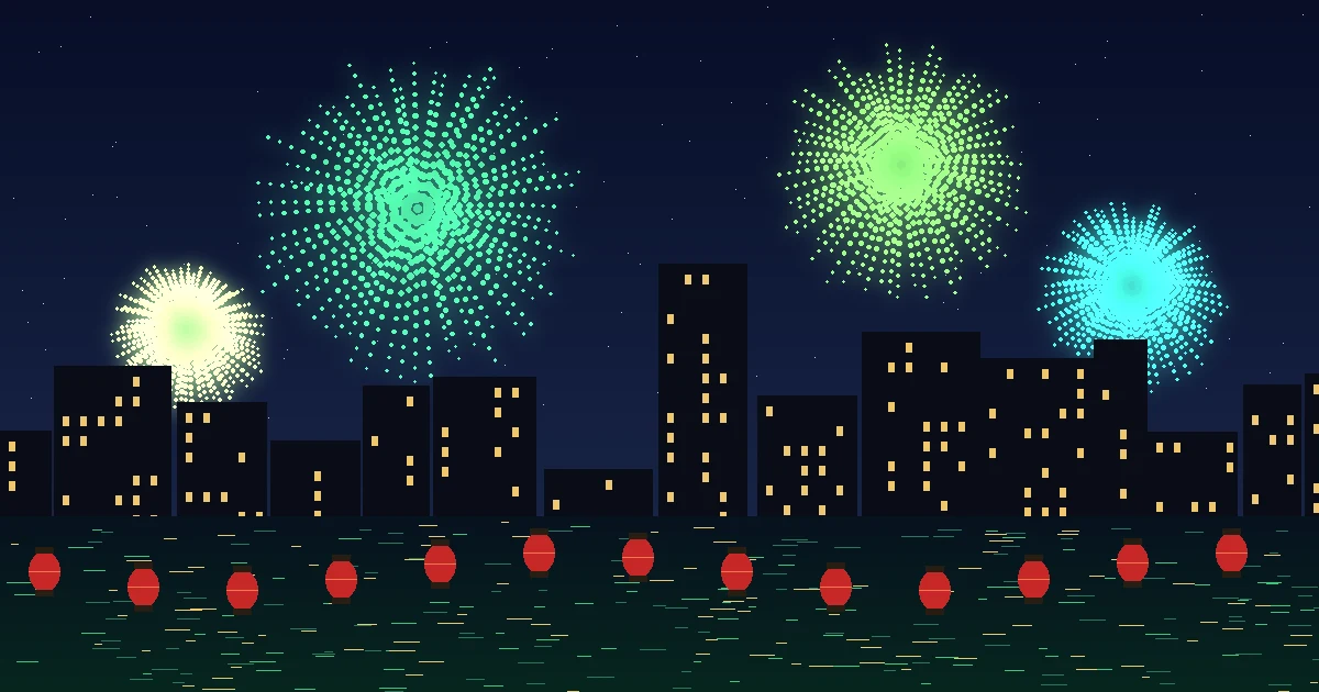 Illustration originale de feux d'artifice verts au-dessus d'un port illuminé, avec une rangée de lanternes rouges sur l'eau