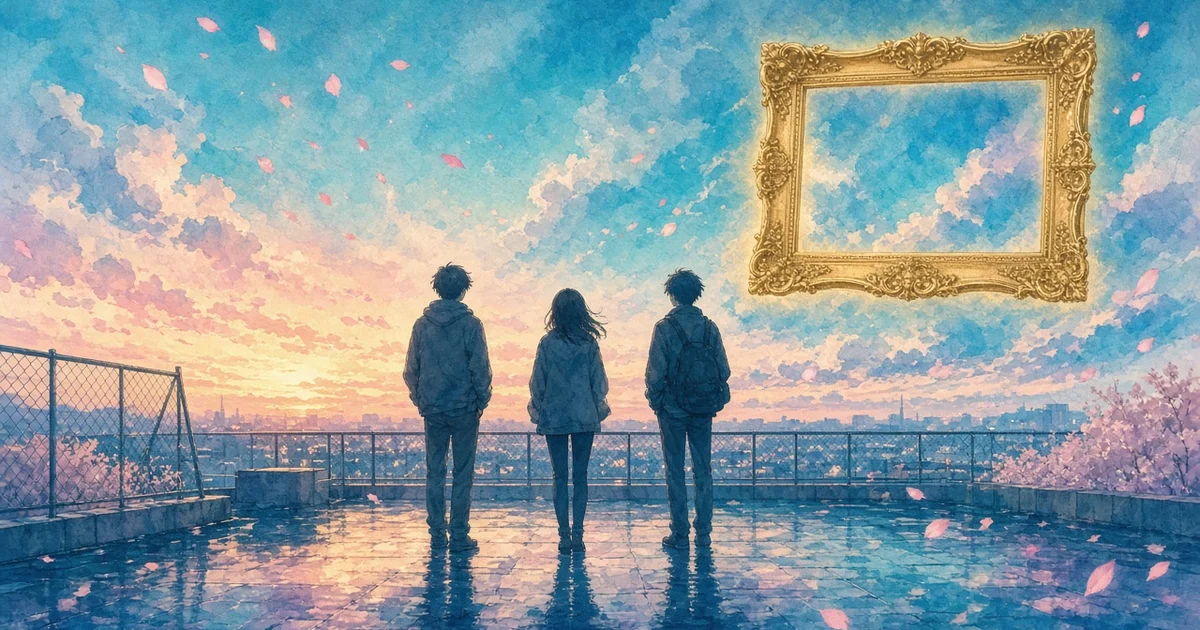 Illustration : trois adolescents de dos sur un toit d'école au crépuscule, face à un cadre doré vide flottant dans un ciel turquoise