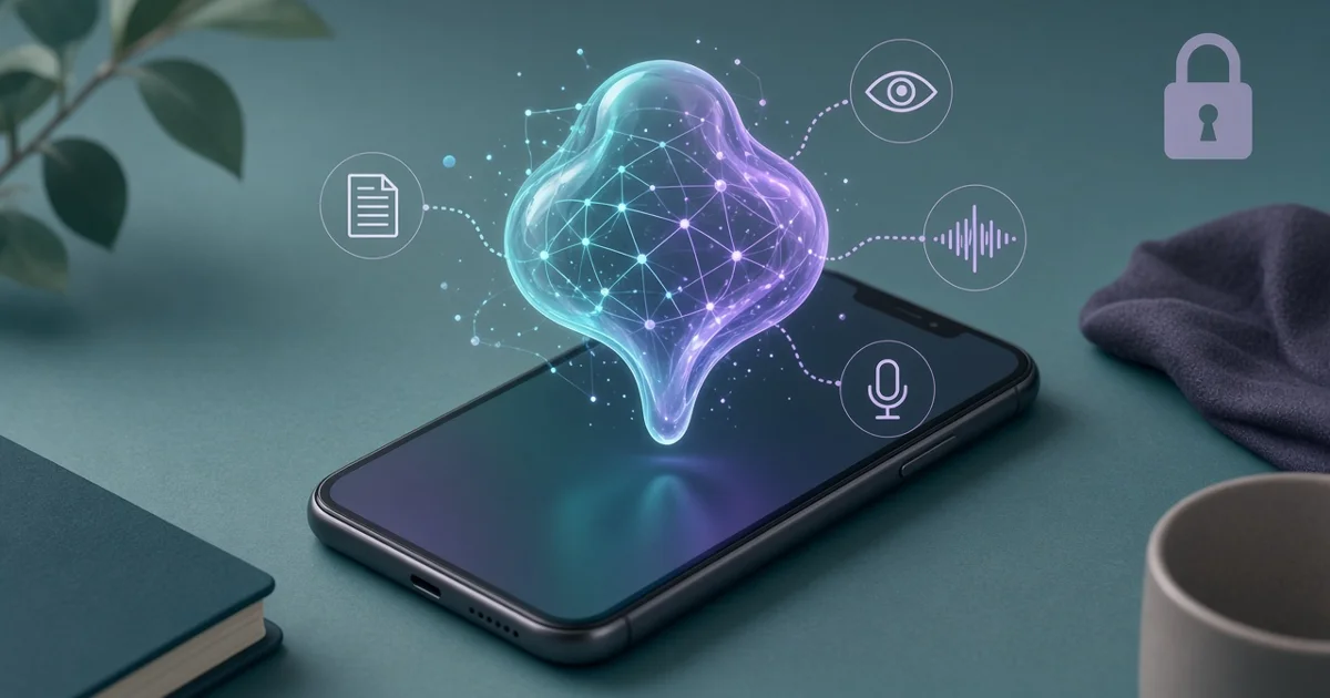 Illustration originale d'un smartphone posé sur un bureau, surmonté d'un réseau neuronal lumineux relié à des icônes de texte, de vision et d'audio