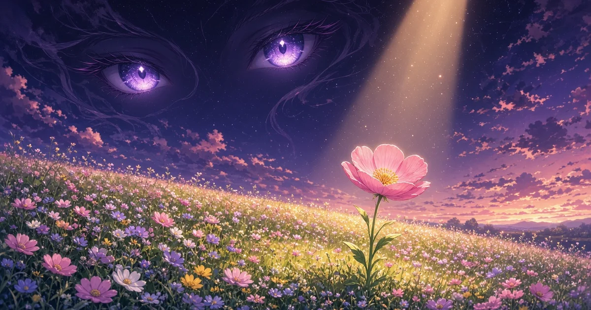 Illustration : une fleur rose sous un projecteur dans un champ fleuri, avec deux yeux violets inquiétants dans le ciel