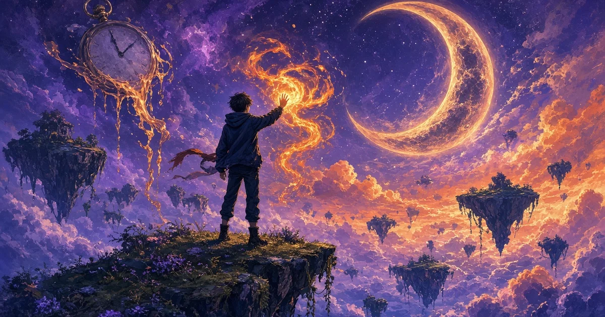 Illustration originale d'un adolescent de dos sur une île flottante, des flammes autour de la main, sous un croissant de lune et une montre qui fond
