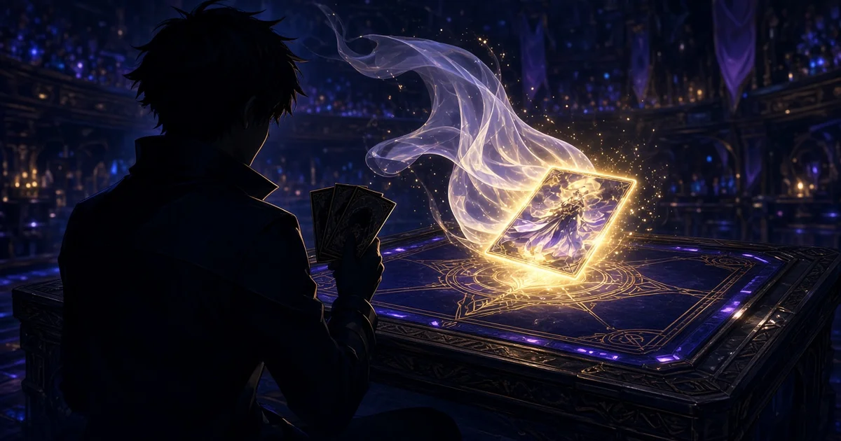 Illustration : un joueur de dos face à une carte lumineuse dont un voile translucide se soulève sur une table de duel