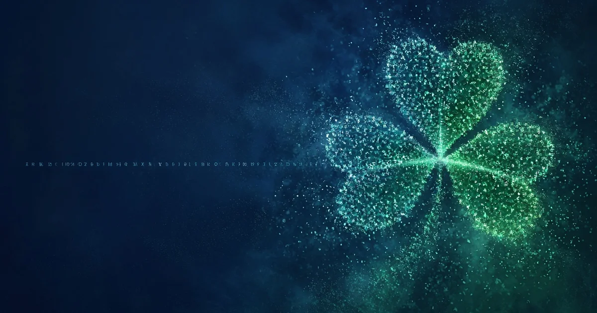Illustration originale d'un trèfle lumineux vert formé de fragments de texte surgissant d'un nuage de bruit sur fond bleu nuit