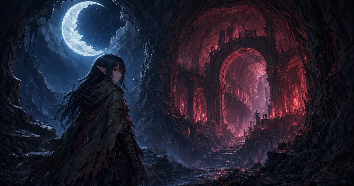 Illustration originale d'une jeune vampire en cape usée à l'entrée d'un donjon rougeoyant, sous un croissant de lune ébréché