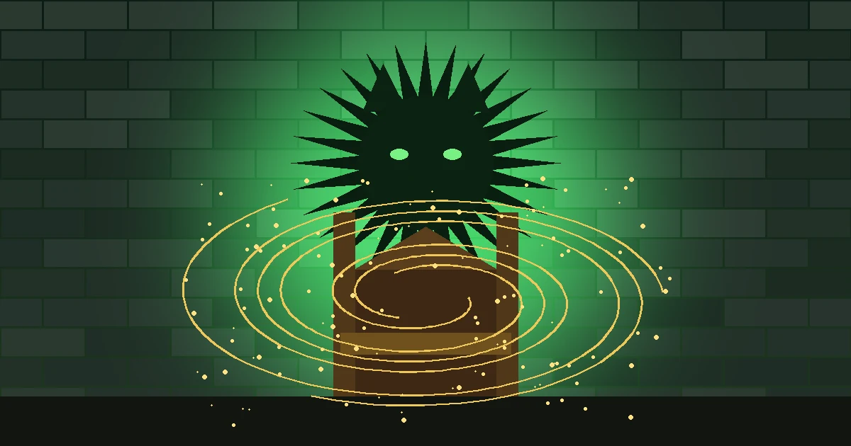 Illustration : l'ombre d'une tête de lion aux yeux verts au-dessus d'un trône, entourée d'un tourbillon de magie dorée sur un mur de pierre