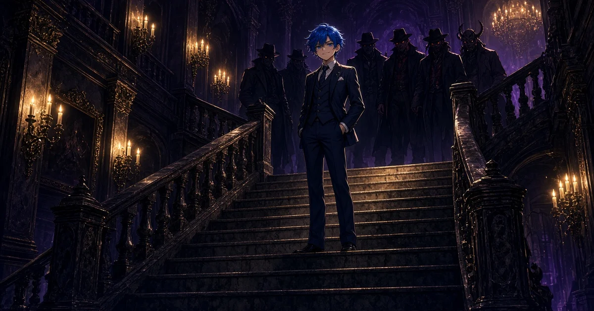 Illustration : un garçon aux cheveux bleus en costume en haut d'un escalier sombre, entouré de silhouettes en chapeau