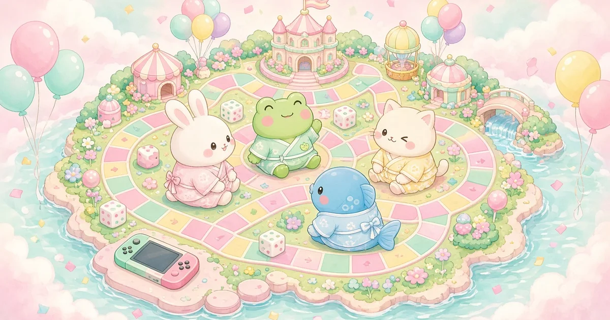 Illustration pastel : quatre petites mascottes en tenue jinbei jouent sur un plateau de jeu en forme d'île de parc d'attractions