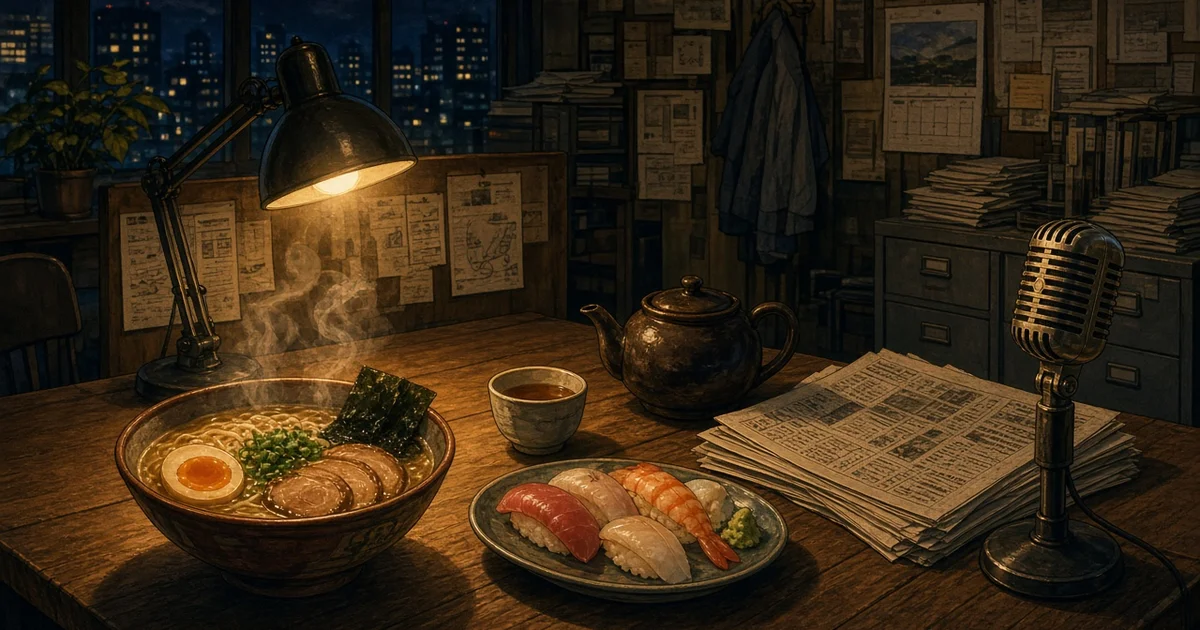 Illustration : un bureau de journal la nuit, avec un bol de ramen fumant, des sushis, une théière et une pile de journaux sous une lampe