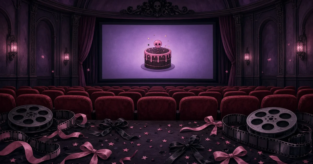 Illustration originale d'une salle de cinéma violette avec, à l'écran, un gâteau d'anniversaire surmonté d'une petite tête de mort rose