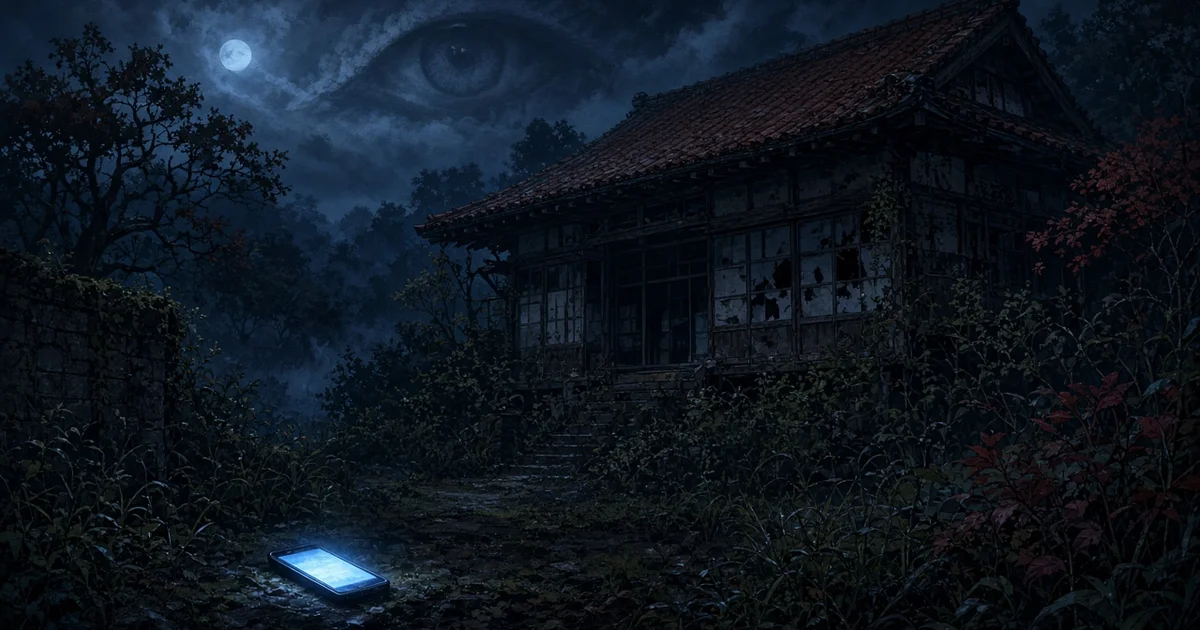 Illustration originale d'une maison japonaise abandonnée au toit rouge, la nuit, surveillée par un immense œil dans le ciel