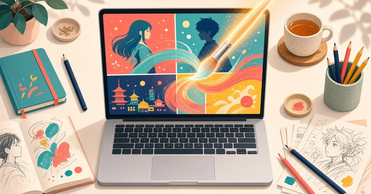 Illustration originale d'un pinceau lumineux qui recolore une affiche sur un écran d'ordinateur portable