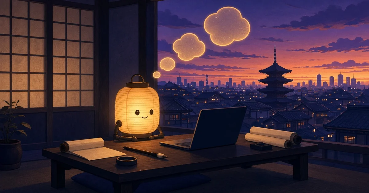 Illustration originale d'un petit robot lanterne en papier assis à un bureau japonais au crépuscule, entouré de bulles de pensée