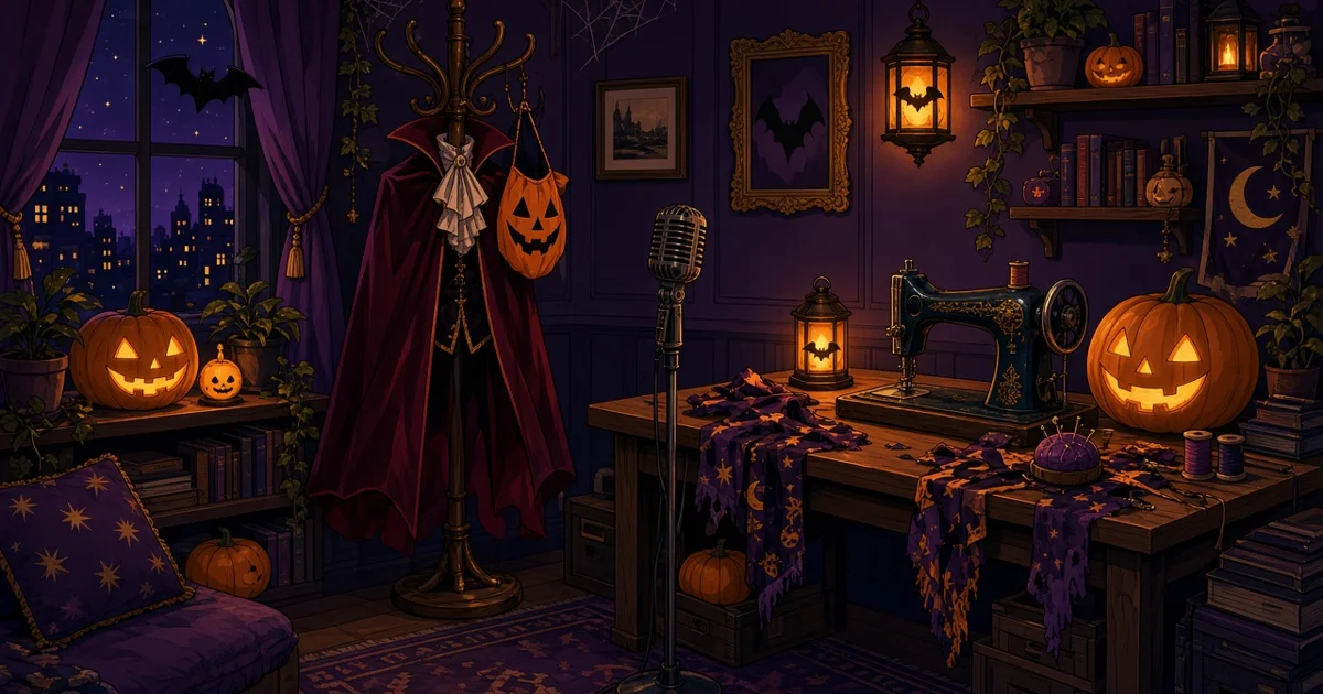 Illustration originale d'une planque décorée pour Halloween, avec une cape de vampire, des citrouilles, une machine à coudre et un micro