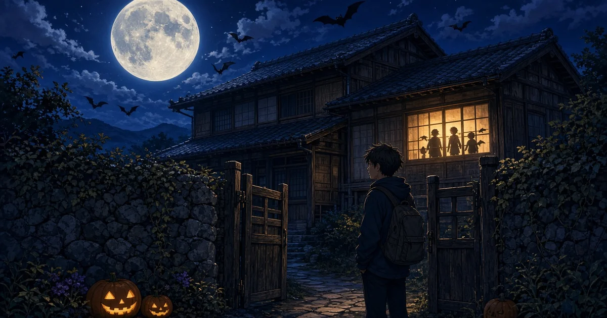 Illustration originale d'un garçon devant une vieille maison japonaise sous la pleine lune, des silhouettes de vampires derrière une fenêtre