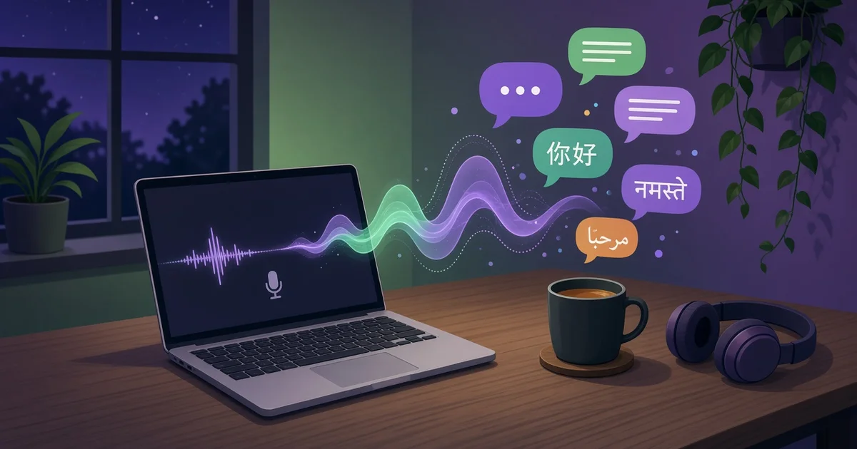 Illustration : un ordinateur portable la nuit, d'où s'échappent des ondes sonores qui se changent en bulles de dialogue colorées