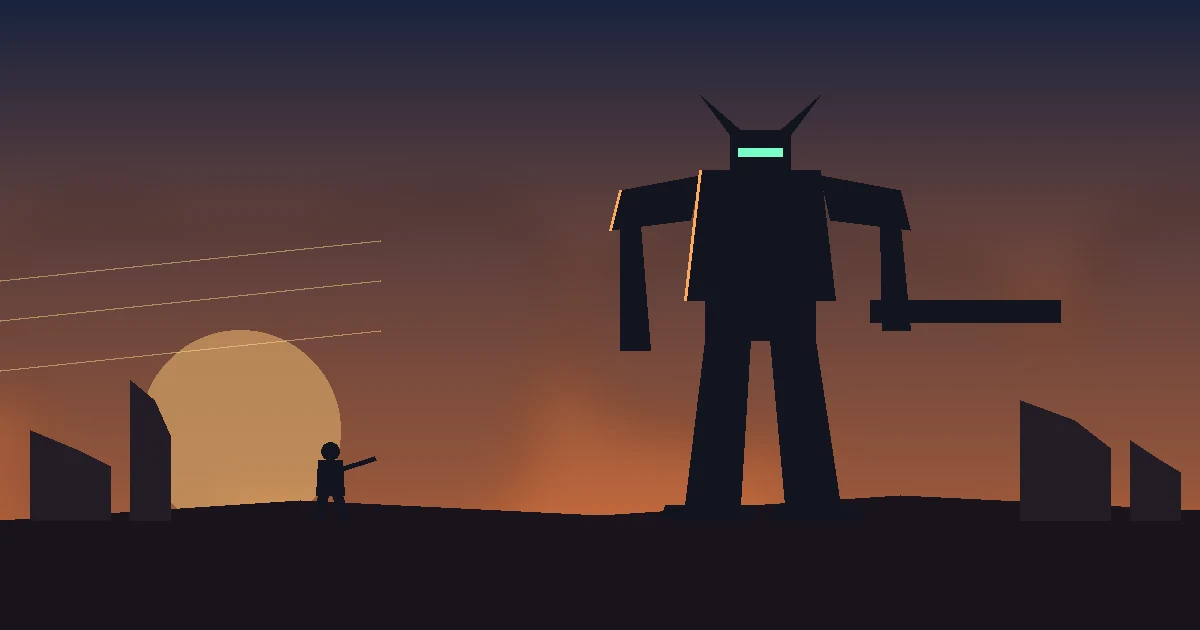 Illustration : silhouette d'un robot géant armé et d'un fantassin sur un champ de bataille en ruine au coucher du soleil