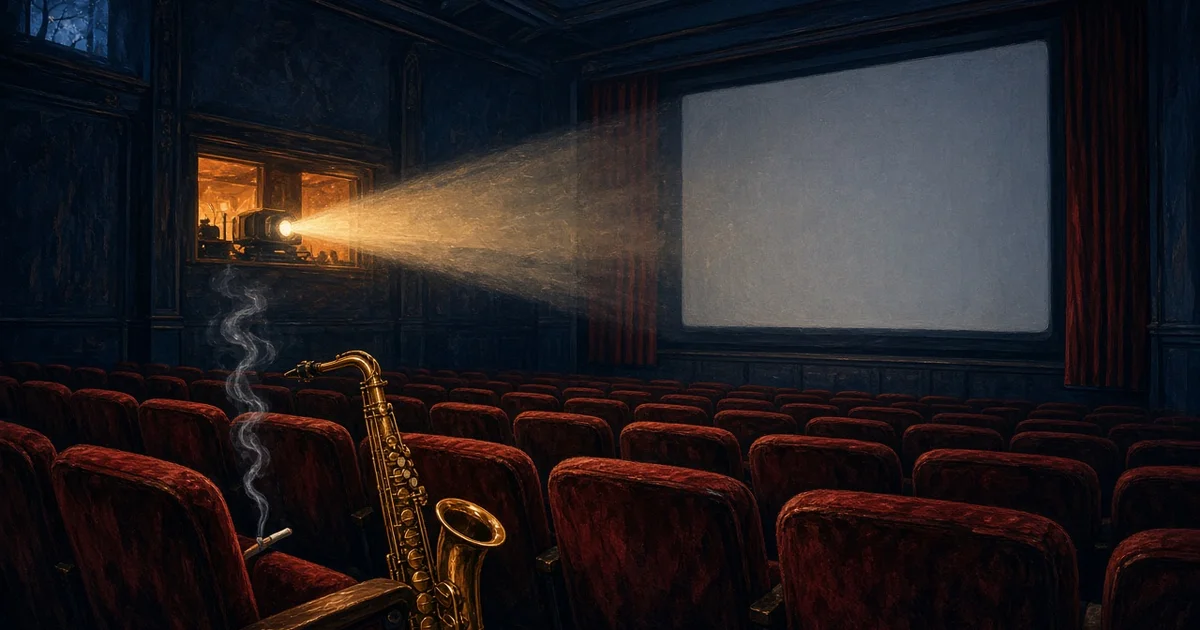 Illustration : une salle de cinéma rétro vide, le faisceau d'un projecteur dans la fumée et un saxophone posé sur un fauteuil rouge
