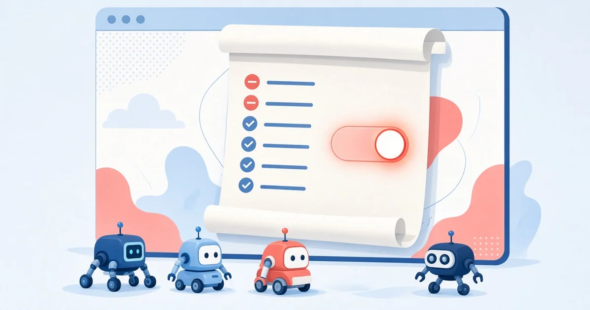 Illustration originale de petits robots arrêtés devant un grand parchemin de règles affiché sur une page web, avec un interrupteur lumineux