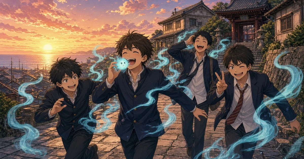 Illustration : quatre lycéens hilares dans une rue de bord de mer au coucher du soleil, entourés de volutes de fantômes bleus