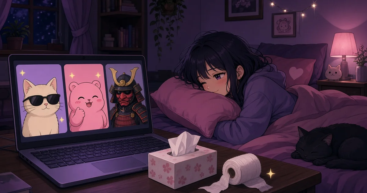 Illustration originale d'une jeune fille dans sa chambre violette, un ordinateur affichant trois avatars, un rouleau de bandage et des mouchoirs
