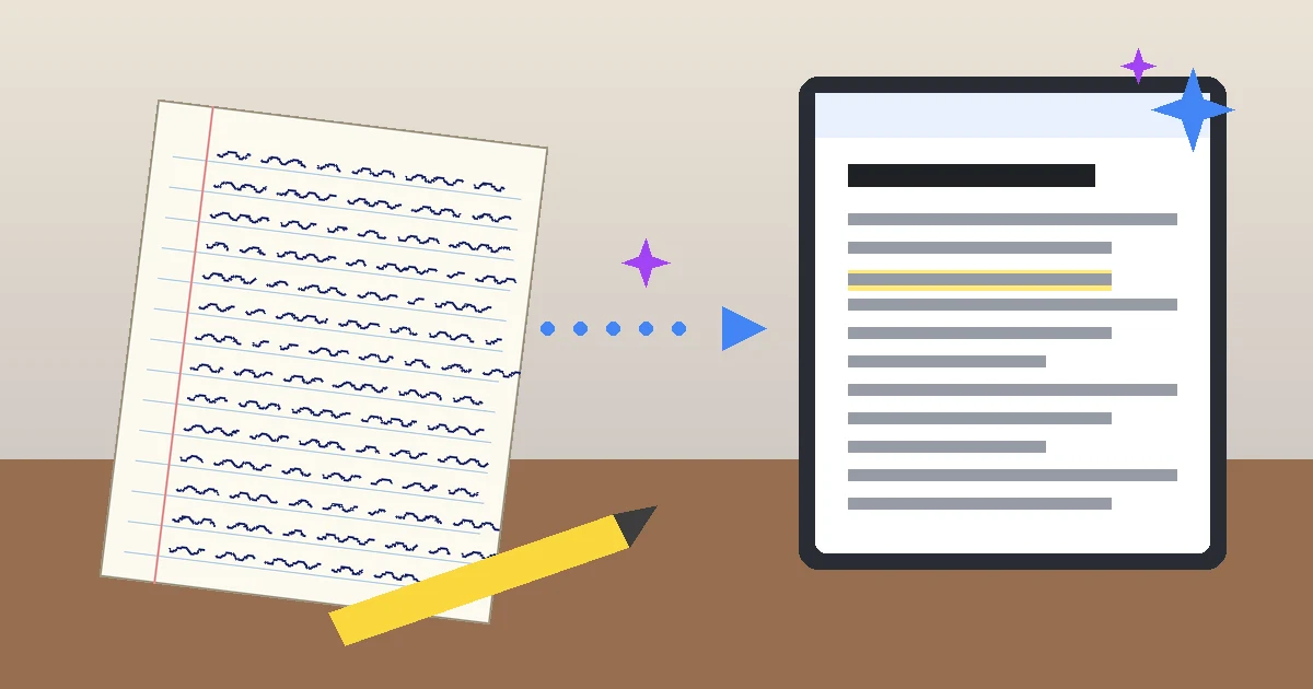 Illustration : une page de notes manuscrites et un surligneur posés sur un bureau, à côté d'un écran affichant un document propre et mis en forme