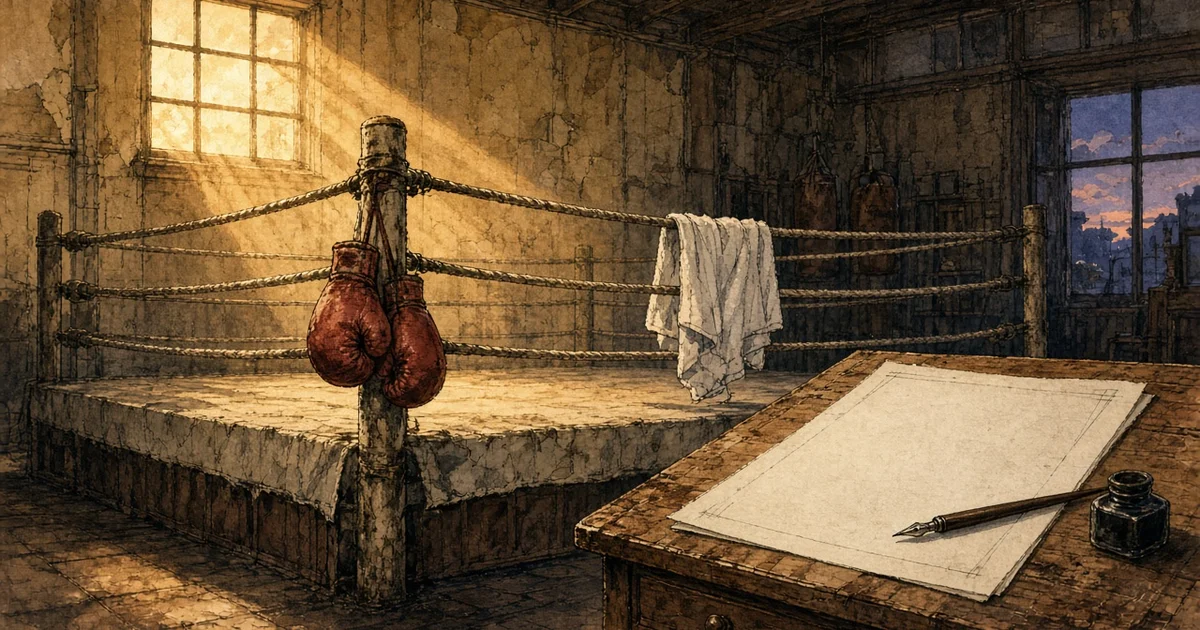 Illustration : un ring de boxe vide au crépuscule, des gants rouges accrochés au poteau et une table à dessin avec une plume
