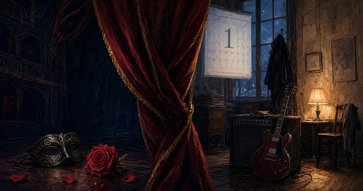 Illustration : un masque vénitien et une rose rouge sur une scène sombre, une guitare électrique dans une salle de répétition derrière un rideau