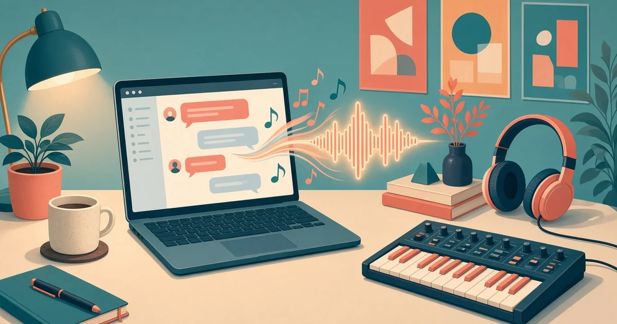 Illustration : un ordinateur portable affiche une conversation d'où s'échappent des notes de musique vers un casque et un petit clavier