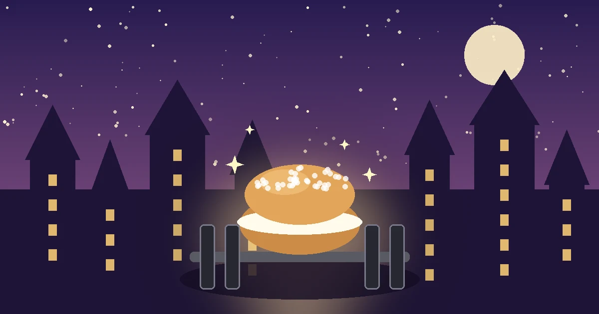 Illustration : un chou à la crème scintillant posé sur un haltère, devant les tours d'une école de magie sous un ciel étoilé