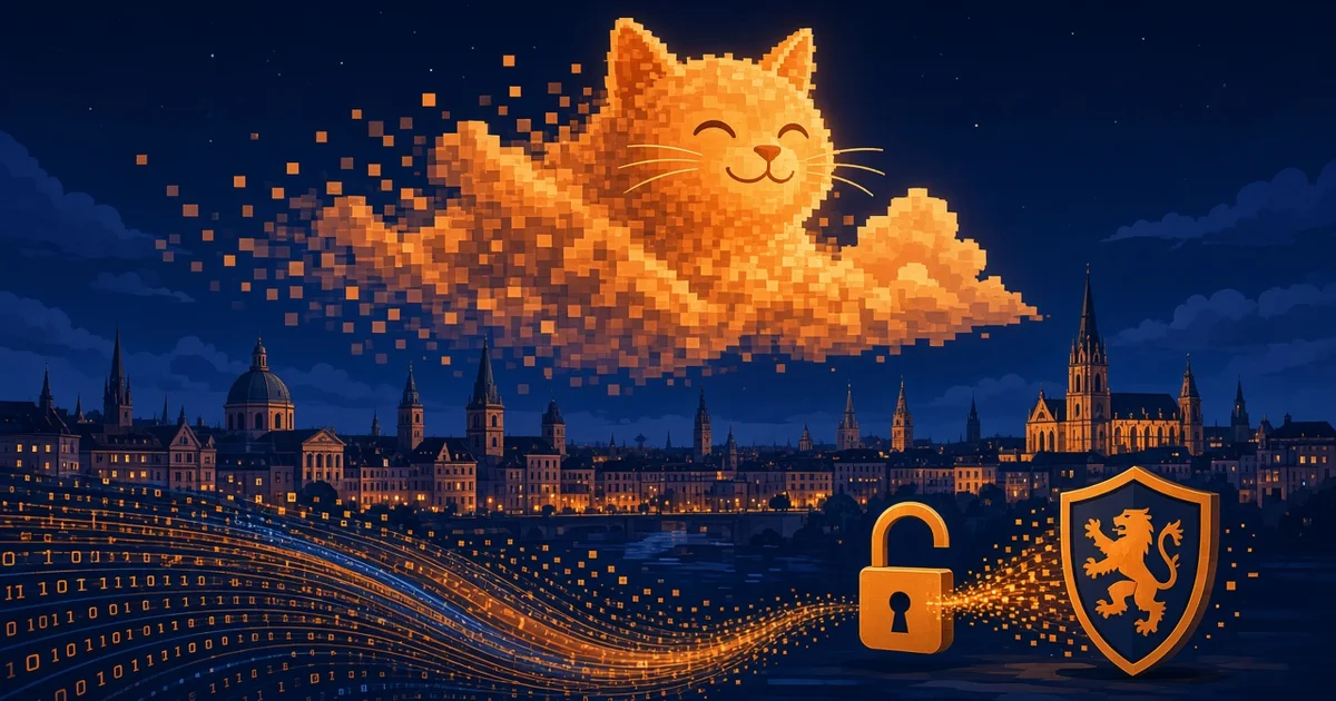 Illustration : un gros chat orange fait de pixels lumineux au-dessus d'une ville européenne la nuit, près d'un cadenas ouvert et d'un bouclier