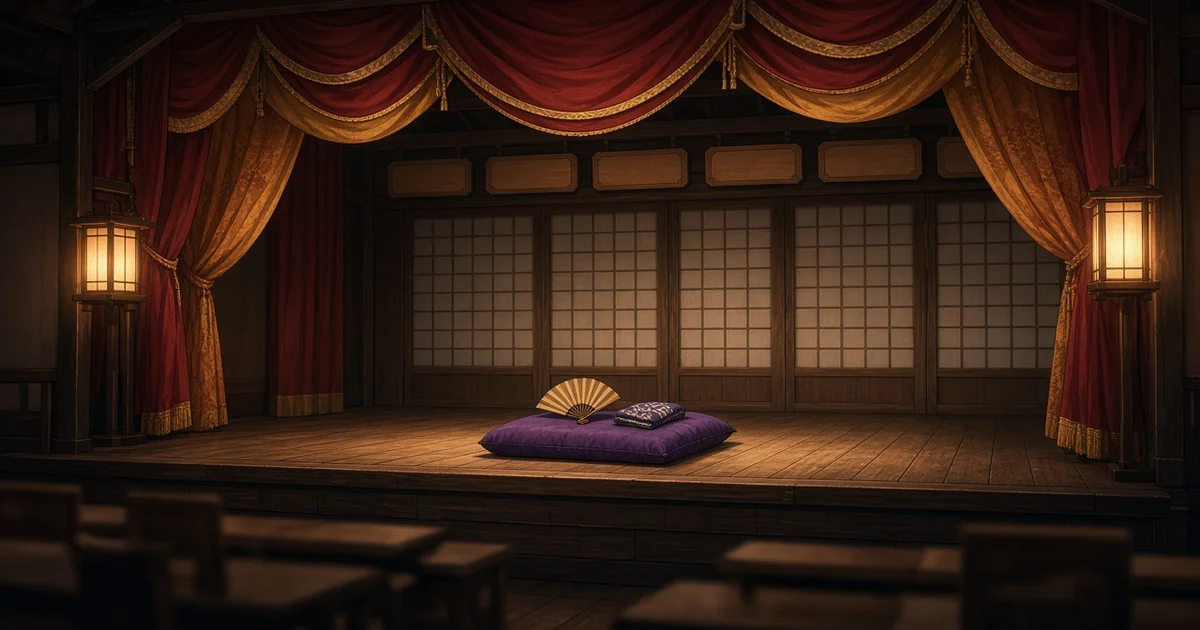Illustration : une scène de yose vide, un coussin violet, un éventail et un tenugui posés sous la lumière de deux lanternes