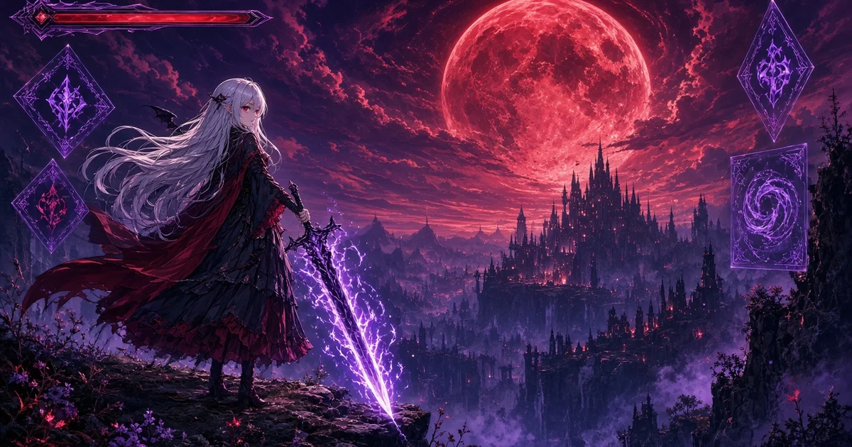 Illustration originale d'une jeune vampire aux cheveux argentés face à une lune rouge dans un monde de jeu en ligne