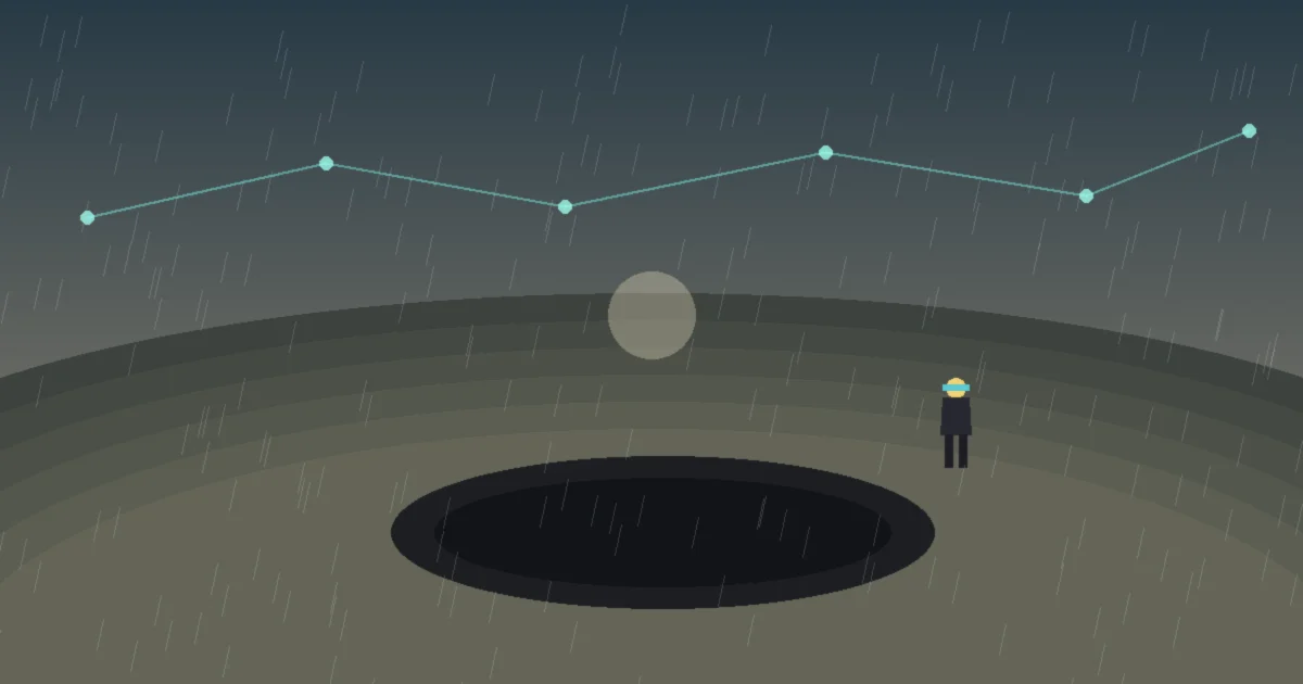 Illustration : une silhouette solitaire au bord d'un cratère sous la pluie, reliée au ciel par une ligne de points lumineux