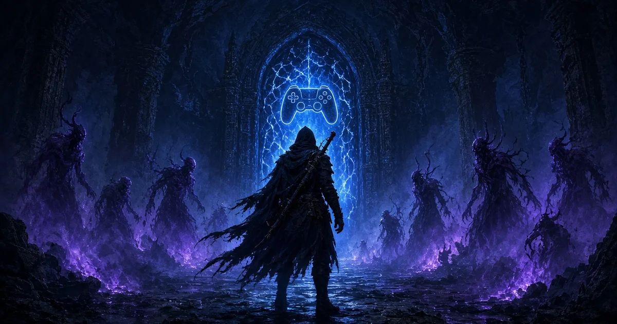 Illustration : un chasseur encapuchonné face à un portail bleu lumineux, entouré d'ombres violettes qui s'élèvent du sol