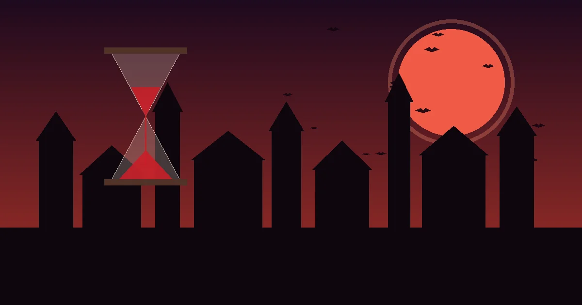Illustration : un sablier rouge devant une ville gothique en silhouette sous une lune écarlate et des chauves-souris