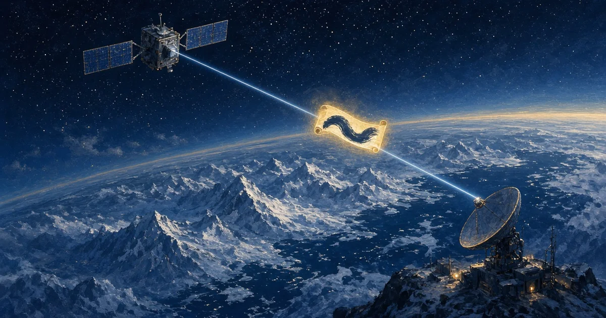 Illustration originale d'un petit satellite au-dessus de montagnes arctiques, relié par un rayon lumineux à une antenne au sol