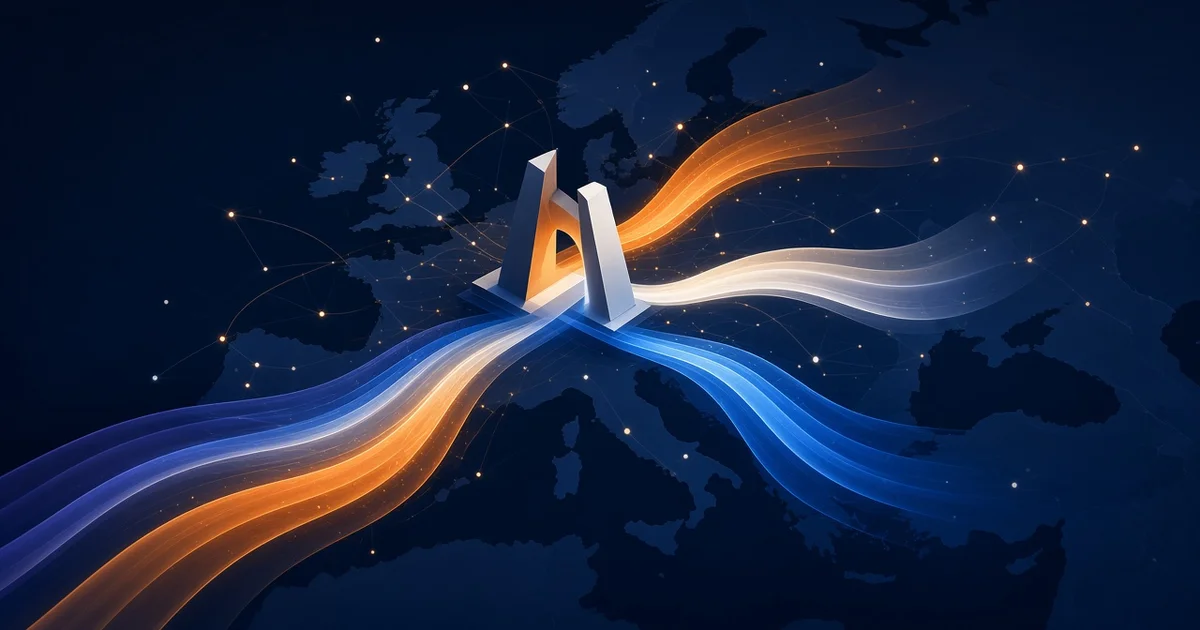 Illustration : trois rubans de lumière orange, blanc et bleu traversent une porte stylisée au-dessus d'une carte nocturne de l'Europe