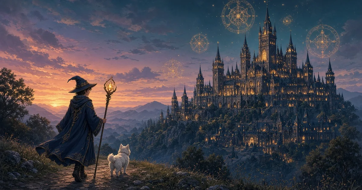 Illustration : un jeune mage en robe et un petit chien blanc marchent au crépuscule vers une université de magie illuminée
