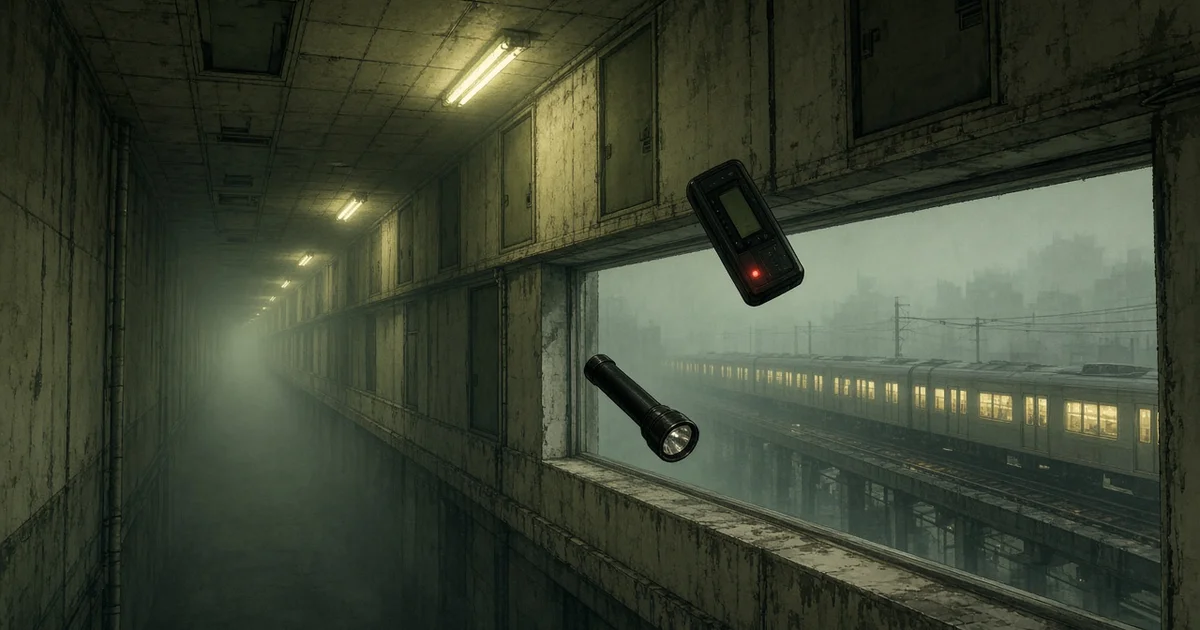Illustration : un couloir d'immeuble rétro noyé de brume, un bipeur et une lampe torche flottant dans le vide devant un train sans fin